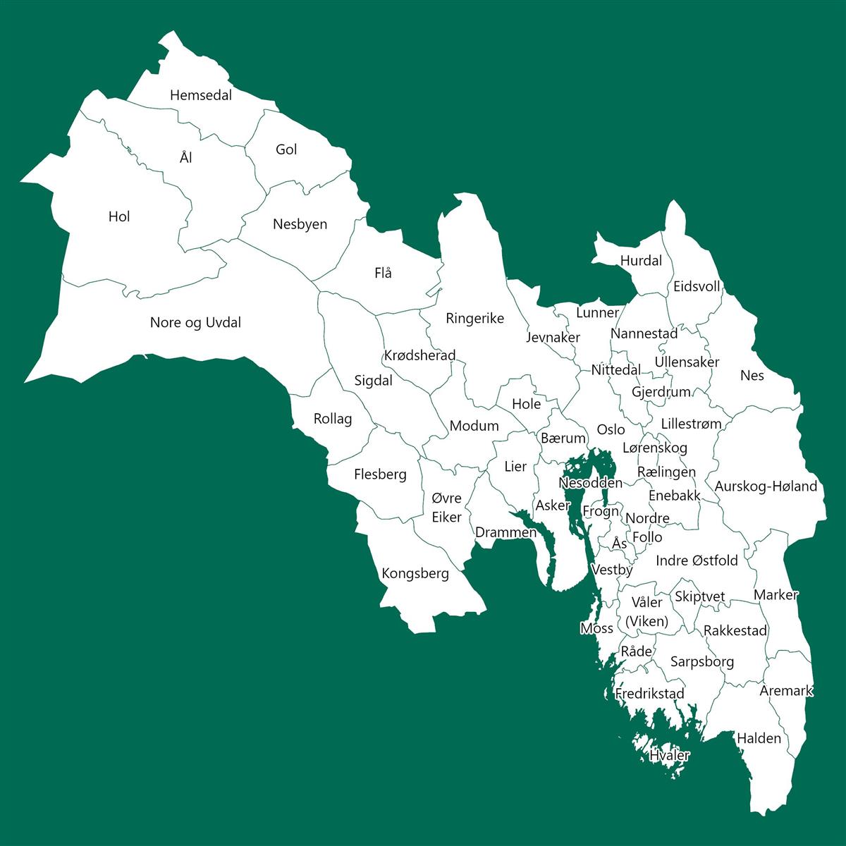 Kart over Viken på grønn bakgrunn, kartet viser kommunene - Klikk for stort bilde