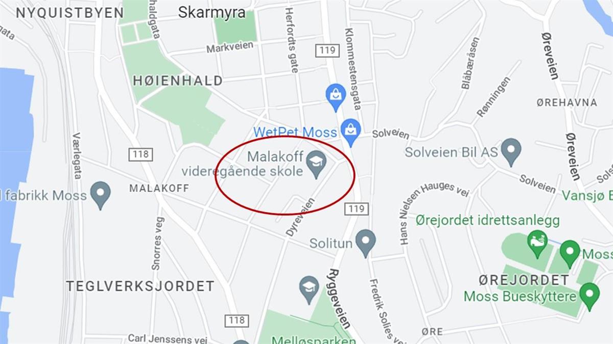 Kart over nærområdet til Malakoff vgs. - Klikk for stort bilde