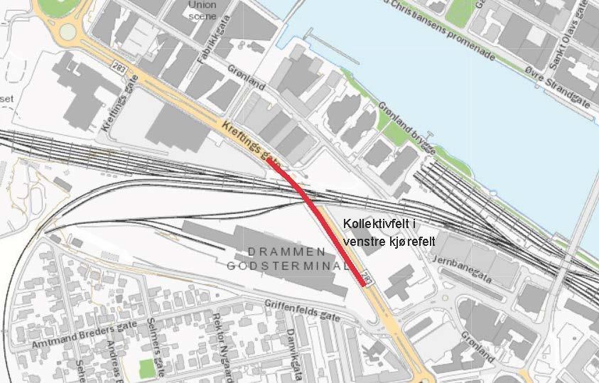 Viken fylkeskommune har laget kollektivfelt i deler av Kreftings gate (se rød linje) - Klikk for stort bilde