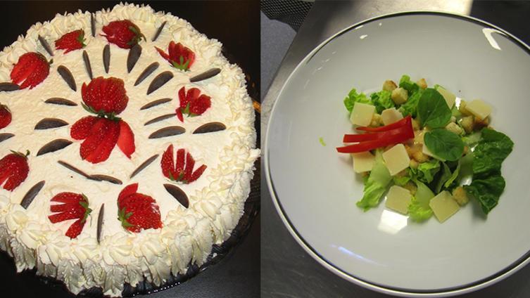 Eelevprodusert kake og salat - Klikk for stort bilde