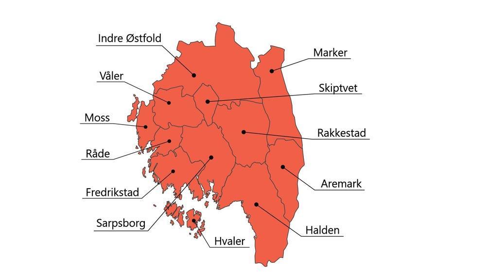 Kart over Østfold med navn på alle kommuner - Klikk for stort bilde