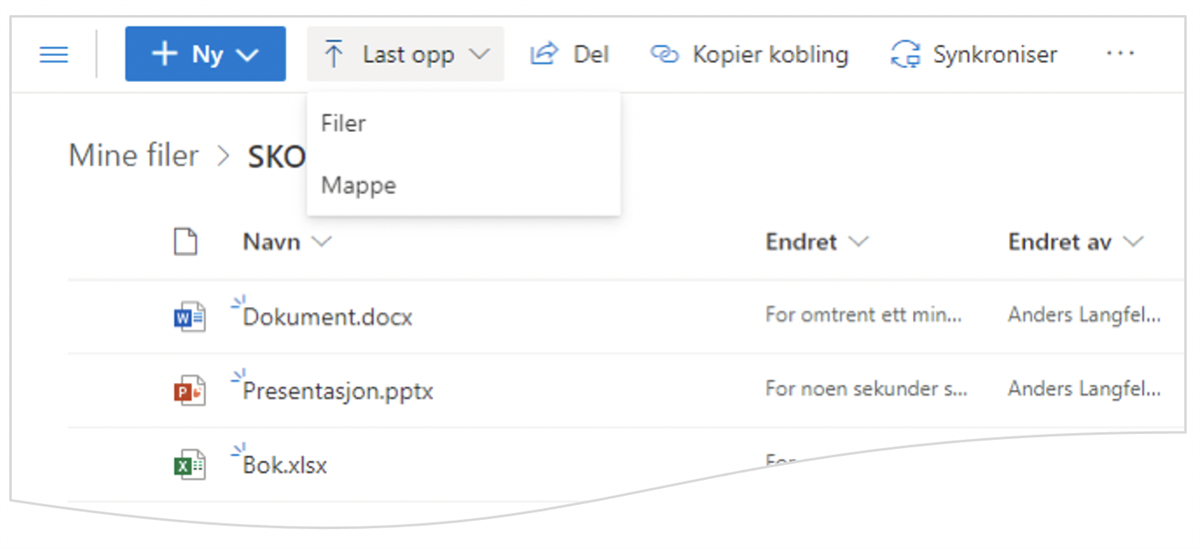 Skjermbilde Last opp filer eller mapper til OneDrive - Klikk for stort bilde