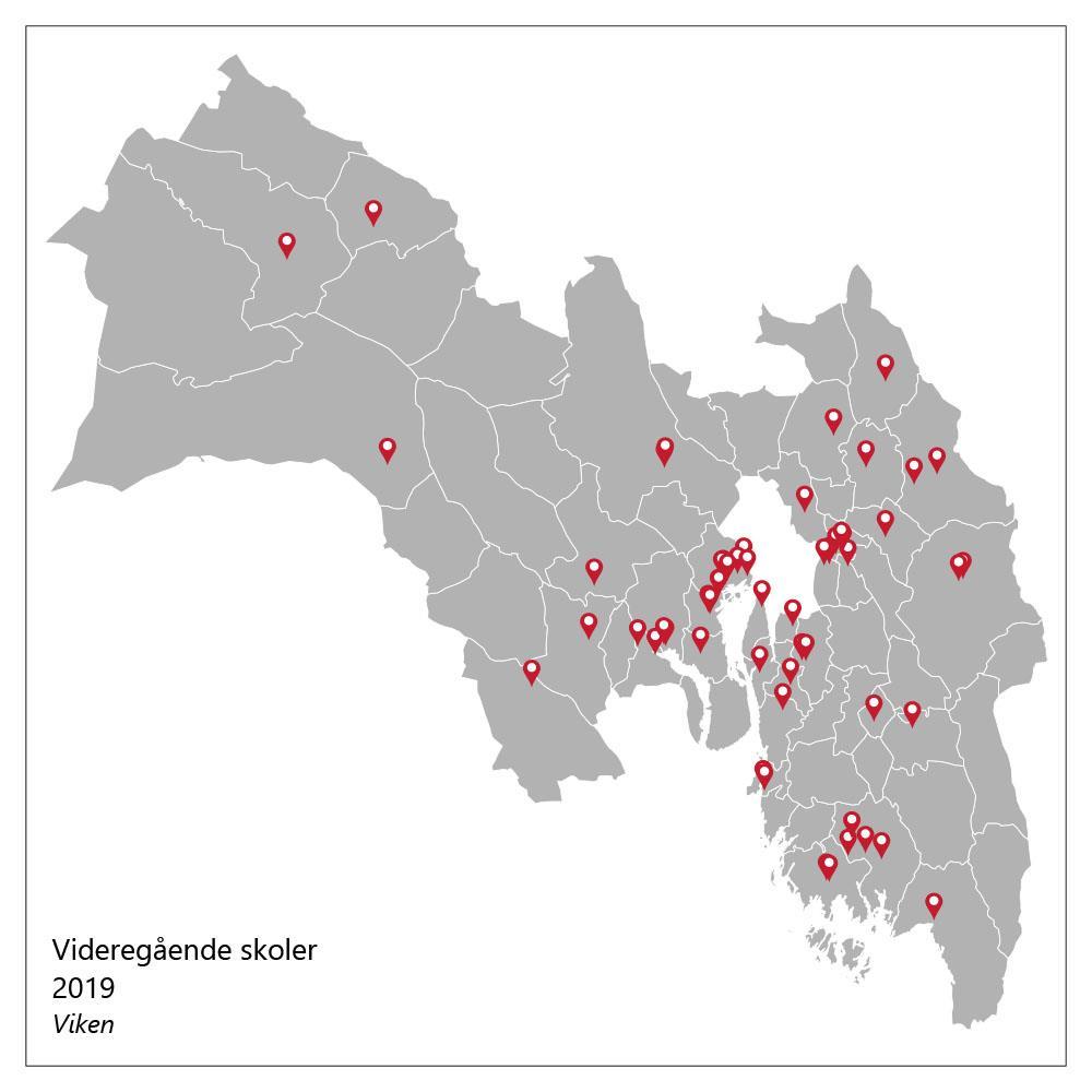 Kart over hvor fylkeskommunens videregående skoler er plassert geografisk - Klikk for stort bilde