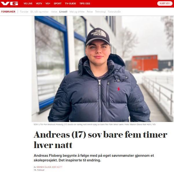 Andreas (Rud vgs) intervjues i VG  etter å ha deltatt på søvnforedrag - Klikk for stort bilde
