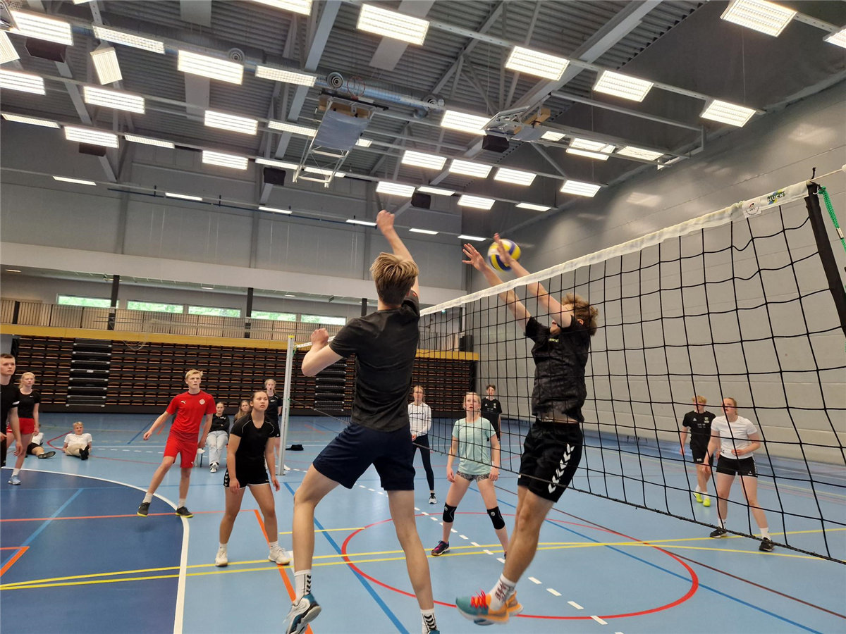 Ungdommer som hopper opp mot et volleyballnett - Klikk for stort bilde
