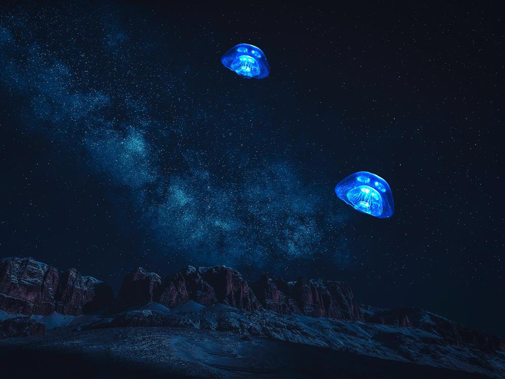 Surrealistisk bilde laget av MK-elev, blå maneter som flyter i et i landskap - Klikk for stort bilde