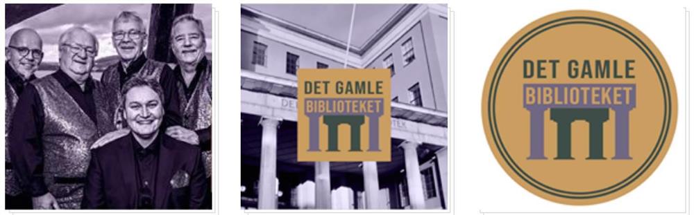Logo og konsept for «DET GAMLE BIBLIOTEKET» laget av MK-elev. Tegning av biblioteksbygget og teksten: Det gamle biblioteket&quot; i tore bokstaver - Klikk for stort bilde