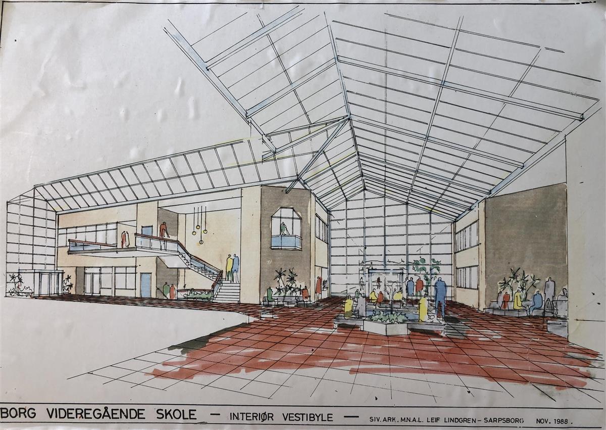 En arkitekttegning av Borg videregående skole fra innsiden - Klikk for stort bilde