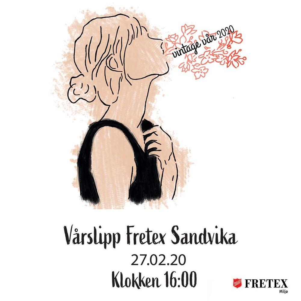Logo til Instagram-kampanje for Fretex Sandvika. Tegning av jente som blåser ut vårblomster med teksten &quot;Vårslipp Fretex Sandvika&quot; - Klikk for stort bilde