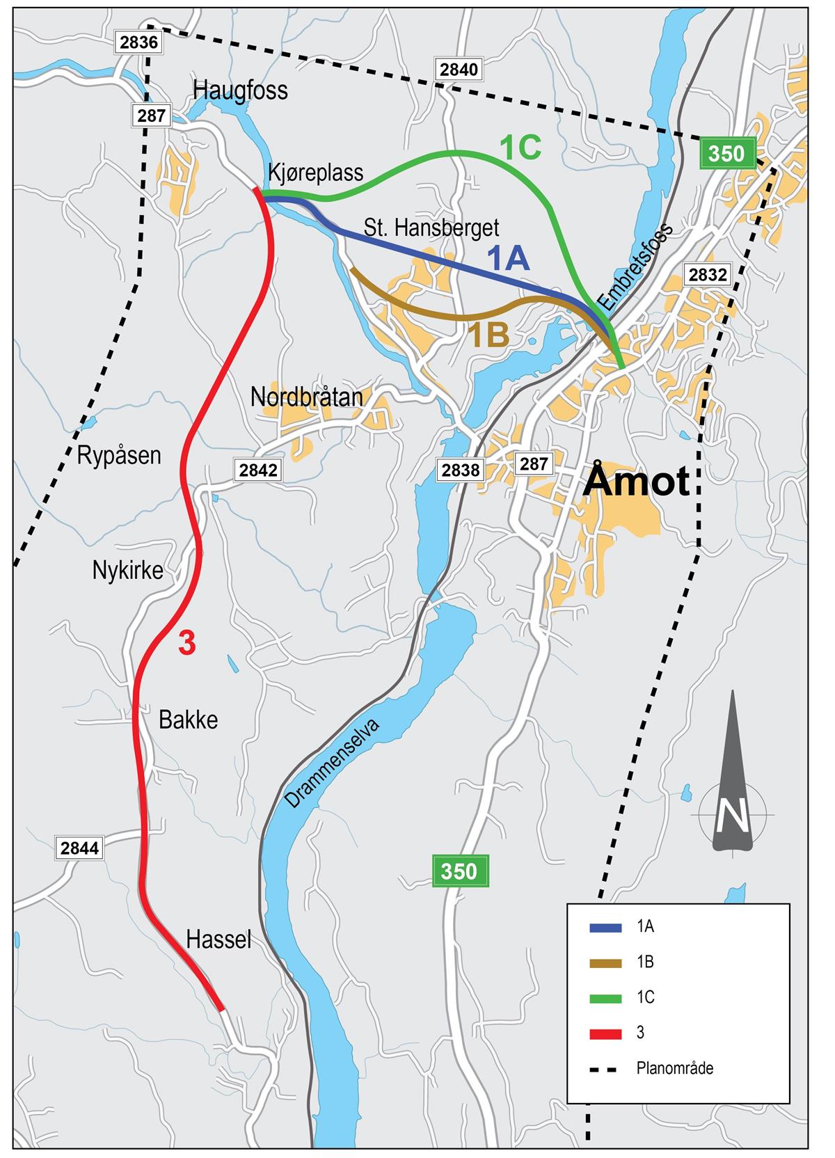 Statens vegvesen har utarbeidet fire forskjellige linjer for ny fylkesvei mellom Åmot og Haugfoss - Klikk for stort bilde