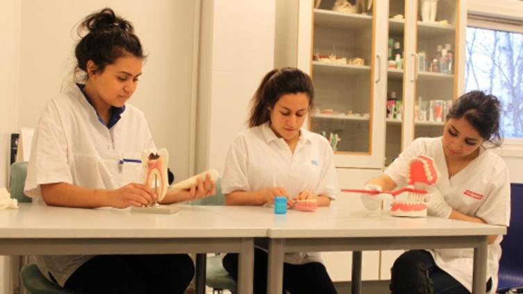 Tannklinikken, elever jobber med tannpuss - Klikk for stort bilde
