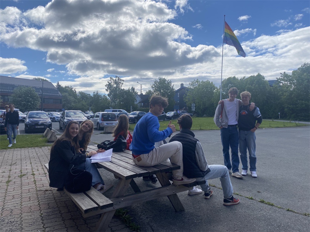En gruppe elever foran regnbueflagget - Klikk for stort bilde