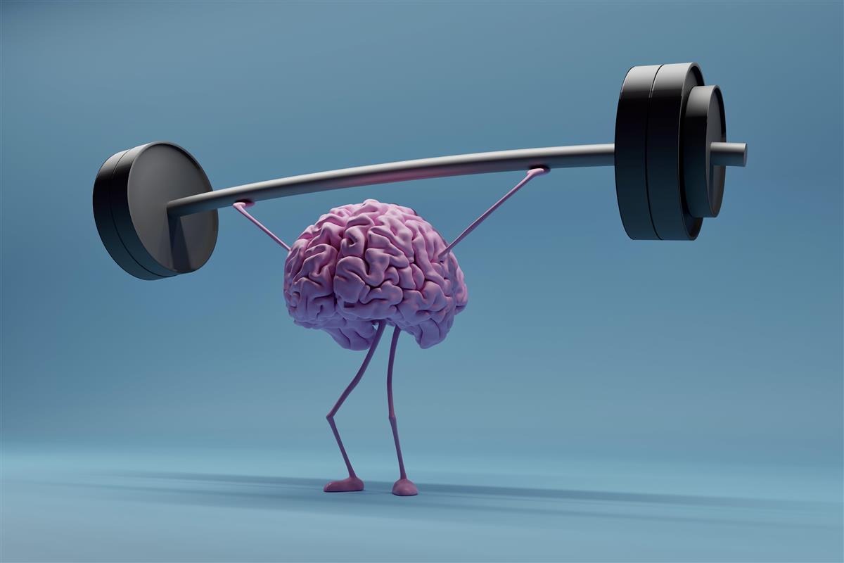 Hjernetrening. Bildet viser en hjerne med en vektstang - Klikk for stort bilde