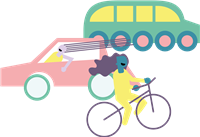 Illustrasjon av buss, bil og sykkel - Klikk for stort bilde