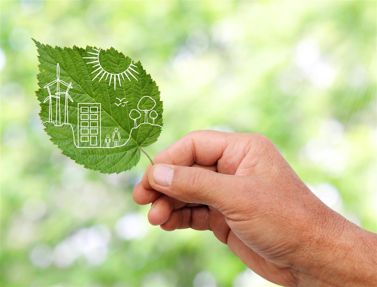 Hånd holder grønt blad med illustrasjon av hus, sol, tær og vindmøller - Klikk for stort bilde