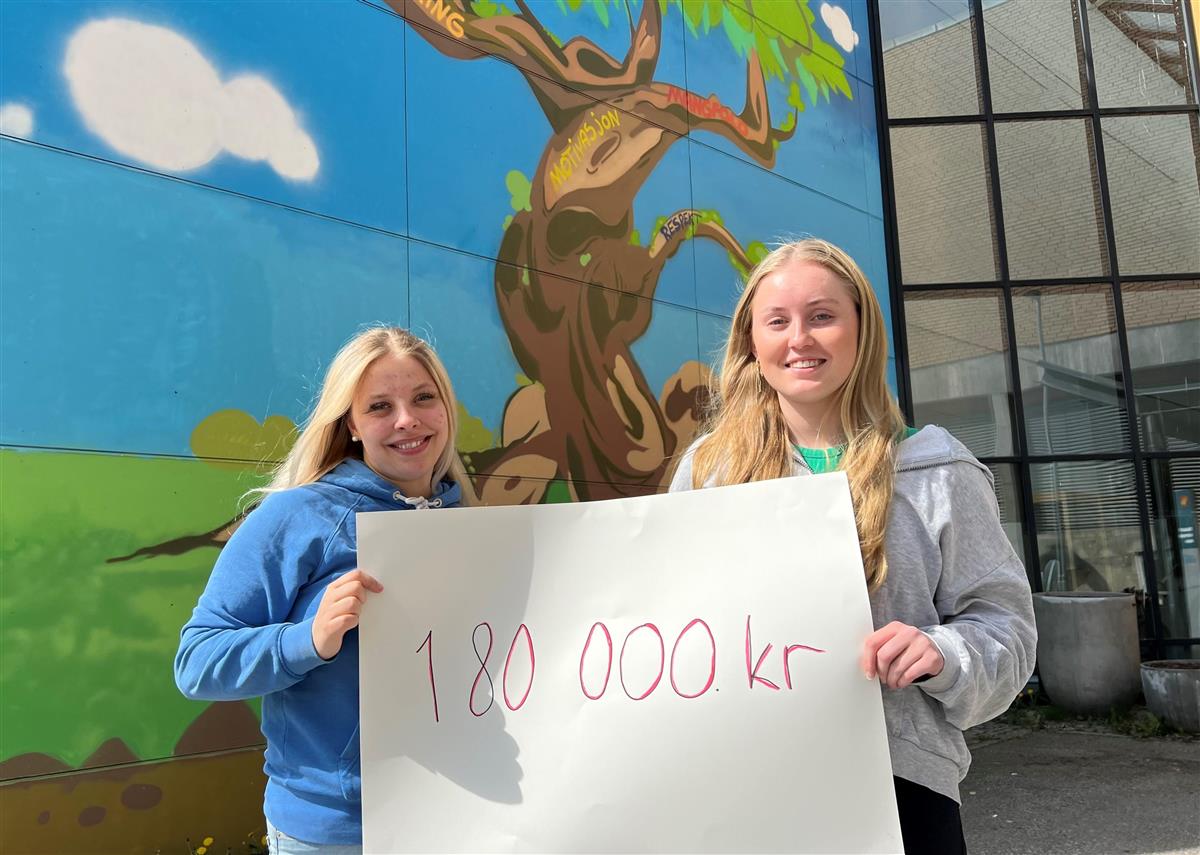 To smilende jenter med plakat i hendene. der står det 180.000 kr. - Klikk for stort bilde