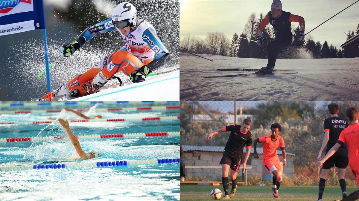 Kollasj av fire bilder av idrettsutøvere - en alpinist, en langrennsløper, en svømmer og en fotballspiller. - Klikk for stort bilde