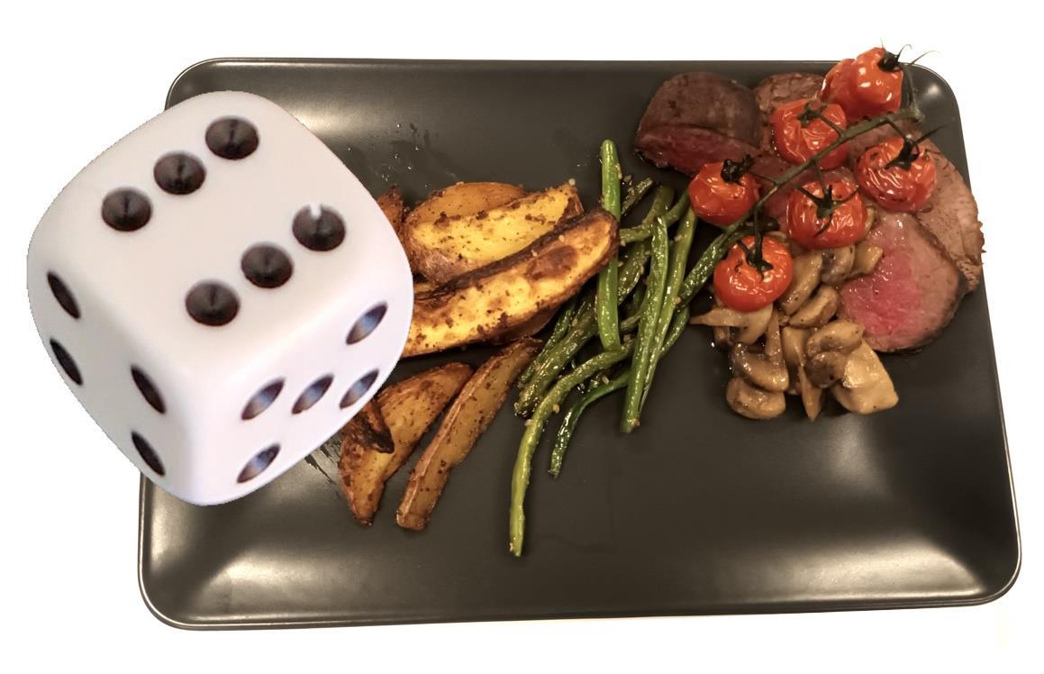 Hovedrett med biff og stekte poteter med grønnsaker på sort tallerken sammen med terningkast 6.  - Klikk for stort bilde
